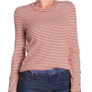 Madewell orange/rust and white striped long-sleeve shirt.